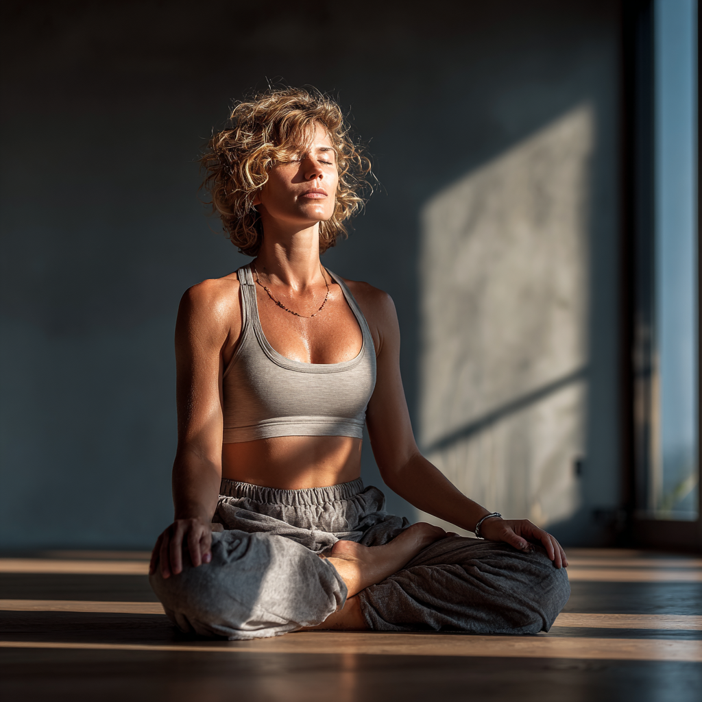 A woman in her late 40s practicing yoga in a peaceful studio, sitting in lotus position with eyes closed, wearing comfortable workout clothes, natural light streaming through windows
